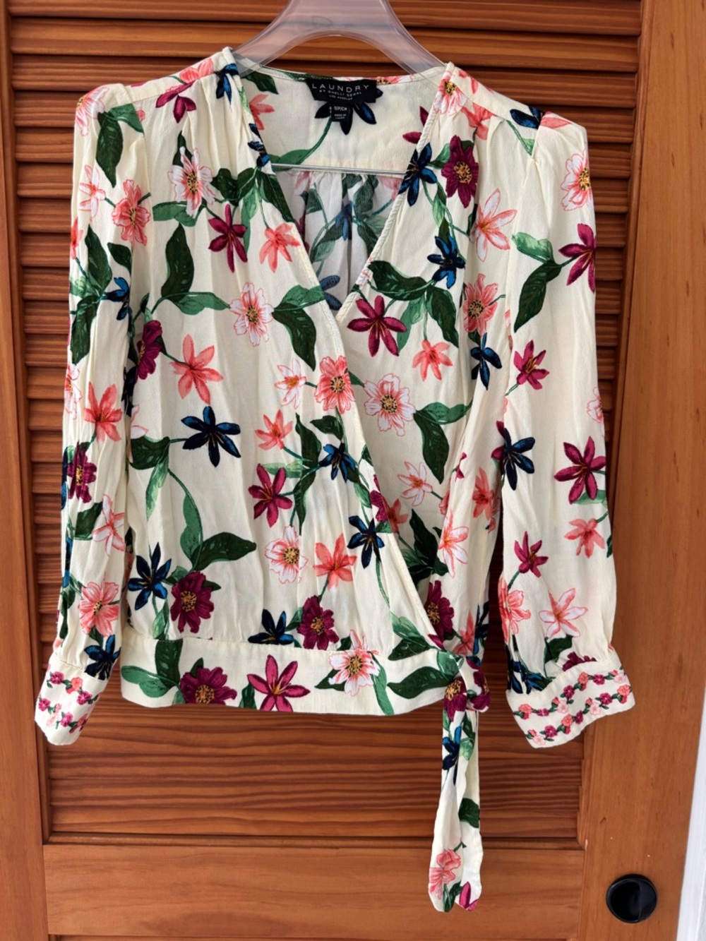 LAUNDRY BY SHELLI SEGAL Cream Floral Wrap Blouse with Pink, Green & Navy Accents